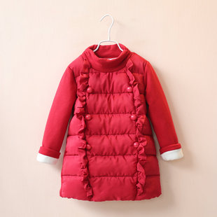 2015冬装新款宝宝女童高领加厚加绒双排扣中长款棉衣外套韩版红色