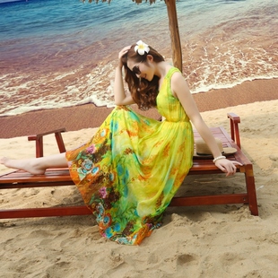 2015夏季新款女波西米亚度假真丝长裙无袖桑蚕丝连衣裙沙滩长裙