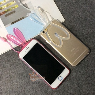 新款透明iphone6兔耳朵支架手机壳苹果6plus挂绳兔子5s硅胶保护套