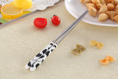 奶牛陶瓷不锈钢长柄筷子创意  陶瓷卡通餐具筷子