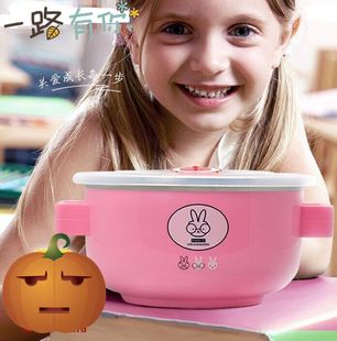 进口不锈钢双层饭盒带盖碗学生便当盒保温有耳泡面碗儿童日式餐具