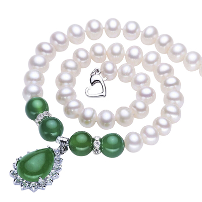 天然淡水珍珠项链送妈妈生日礼物正品强光8-9mm近圆绿玛瑙项链女
