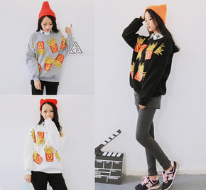 韩国女装秋冬卡通薯条印花宽松大码加绒加厚长袖套头T恤卫衣韩版
