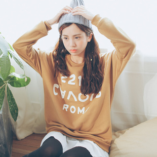 2016春装新款韩版字母印花拼接中长款宽松女卫衣圆领套头假两件