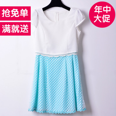 2015夏季新品上市公主连衣裙女假两件小清新网纱格纹修身雪纺