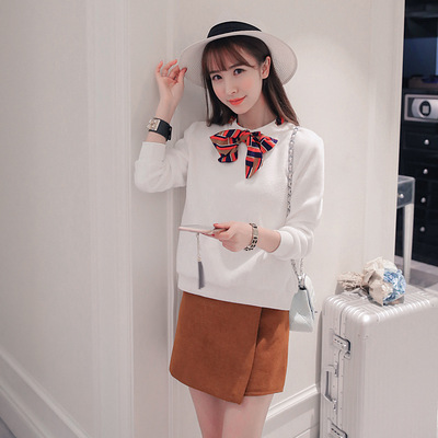 2015冬新款韩版纯色珊瑚绒配可拆卸时尚领带宽松套头卫衣女HS041