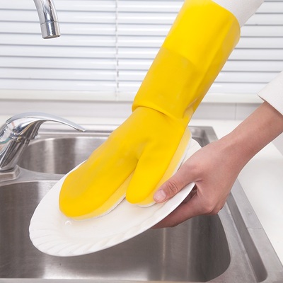 带百洁布加厚耐用家务清洁乳胶手套 厨房浴室防水海绵洗碗手套