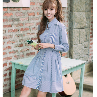 韩版2016秋装新款女条纹衬衫 实拍修身品牌连衣裙可爱舒服休闲