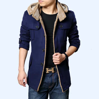 2014冬季新款 男士风衣中长款连帽加厚外套风衣男时尚韩版大衣 男