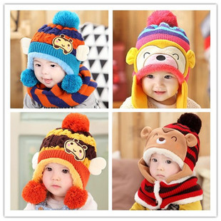 6-12个月婴儿帽子冬天宝宝套头帽子男 女儿童1-3岁小孩加绒毛线帽
