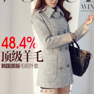 羊毛呢外套2015秋冬新款韩版修身显瘦中长款双排扣加厚呢子大衣女