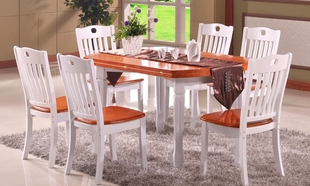 南康地中海白色橡木转台西餐桌椅组合伸缩实木圆餐台一桌六椅包邮
