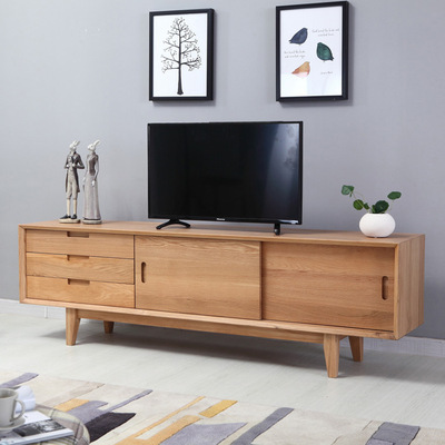 纯实木电视机柜 简约现代视听地柜子 北欧环保全白橡木客厅家具