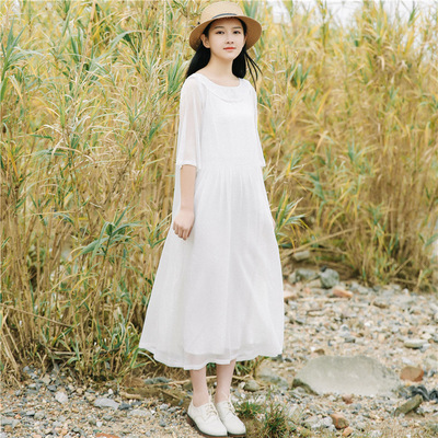 2017春装新款文艺森系中袖两件套连衣裙中长款白色复古长裙