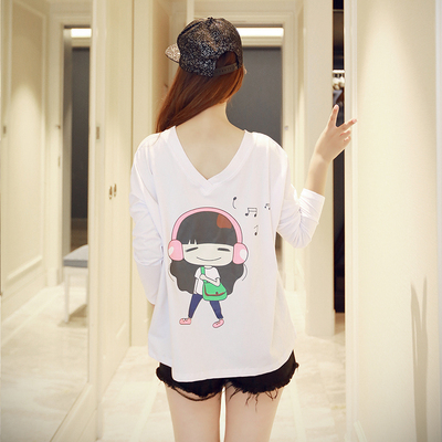韩版个性新款大码女装宽松V领针织打底衫显瘦印花T恤