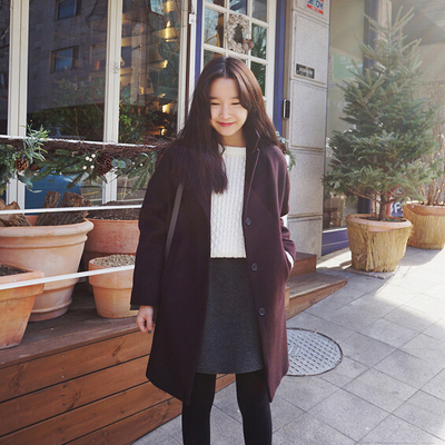 韩国2015秋冬装新毛呢外套女中长款单排扣修身显瘦羊毛呢子大衣潮