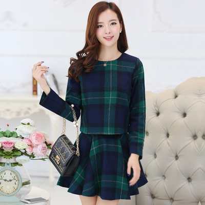 2015秋装新款韩国气质显瘦格子套装裙大码中长款长袖两件套连衣裙