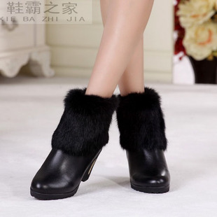 2015秋冬新款女靴 甜美坡跟短靴 真皮兔毛雪地靴 大码妈妈靴棉靴