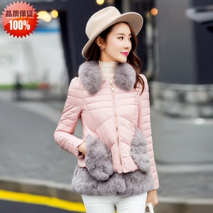 2015冬狐狸毛拼接短款皮棉衣女衣印象韩版修身长袖加厚带毛领外套