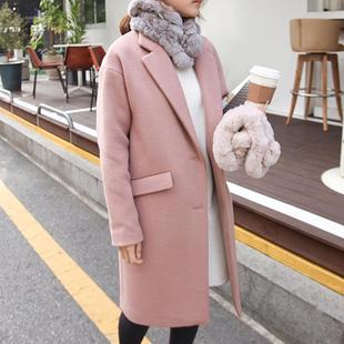 2015冬季新款纯色韩版长款加厚直筒休闲夹棉加厚呢大衣呢外套女潮