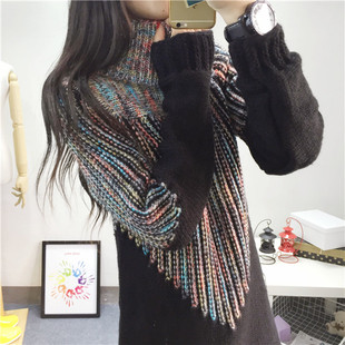 範N 2015冬装新款韩版女装高领彩色拼接长袖中长款针织套头毛衣