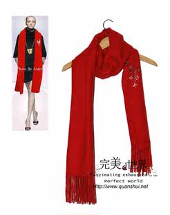 正品纯山羊绒双面绣大红色围巾礼服披肩男女围巾韩国秋冬长方形