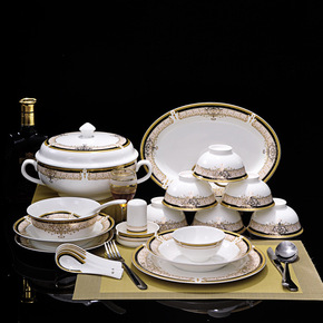 景德镇陶瓷器高档家用西式56头骨质瓷餐具套装金边碗盘子结婚礼品