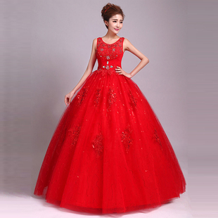 2016韩版时尚双肩圆领公主蓬蓬钻石新娘红色齐地绑带婚纱歌唱礼服
