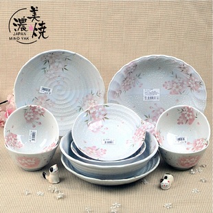 美浓烧日式樱花瓷器餐具套装 釉下彩碗碟盘套件饭碗菜碟水果盘