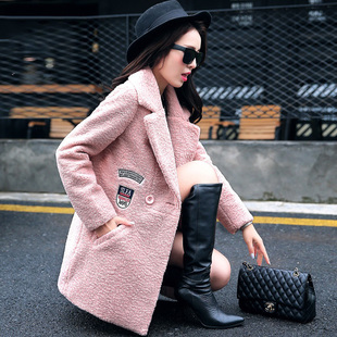 米百合欧洲站2015冬装新中长款羊毛呢外套女韩版人工皮毛一体大衣