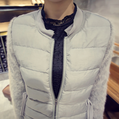 2015冬新款  韩版修身棒球领毛毛袖子拼接中长款羽绒棉衣女