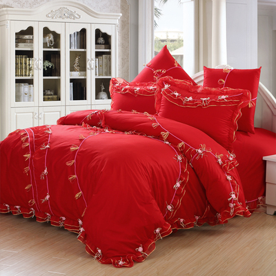 婚庆大红全棉六件套 床单款被套斜纹活性喷气丝光面料