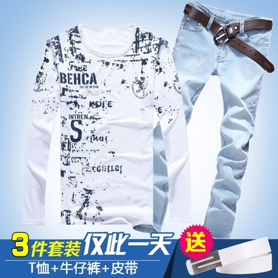 一套秋季男装韩版青少年修身T恤男学生秋衣和牛仔裤休闲套装男潮