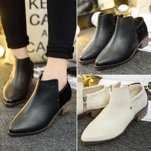 2015潮短靴 女秋冬韩版中跟单靴马丁靴尖头及踝靴 马毛粗跟短筒靴