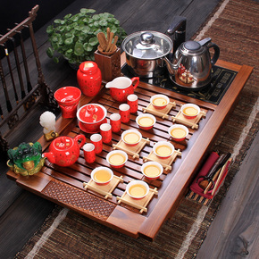 陶瓷功夫茶具套装四合一大套组花梨实木茶盘电磁炉整套茶台茶托