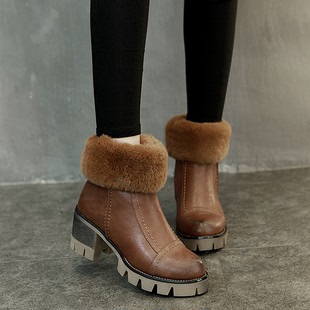 欧洲站秋冬季新品短靴女侧拉链中跟粗跟皮毛一体短筒踝靴子