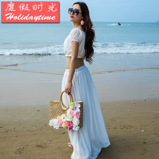 2015新款波西米亚一字领度假连衣裙沙滩裙气质性感两件套白色长裙