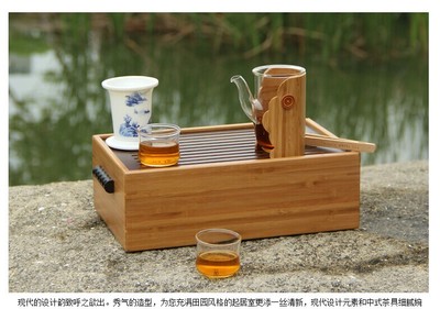 祥福 玻璃竹制旅行整套茶具套装带便携式功夫茶盘 创意户外送礼品