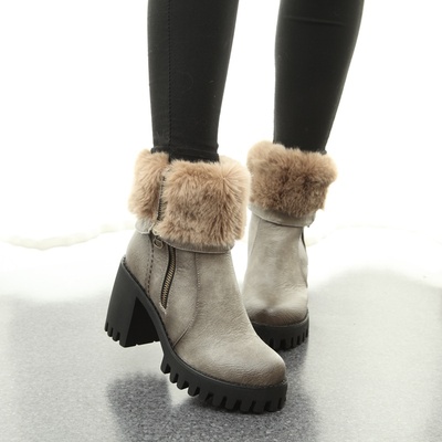 韩版冬季新款欧美短靴两穿中筒靴高跟女靴雪地靴英伦粗跟女毛毛鞋