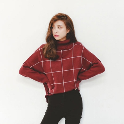 毛衣外套女韩版新款2015冬季宽松高领针织衫套头格子花纹