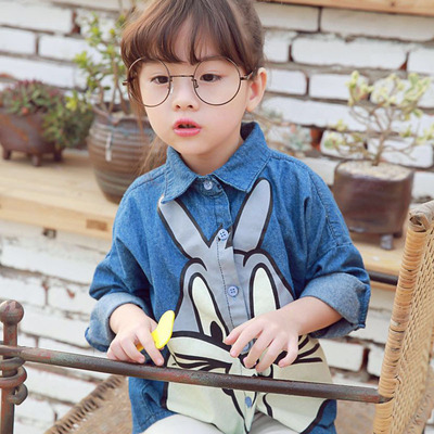 2016秋装新款韩版衬衫女童中小童兔子印花牛仔衬衫上衣薄外套