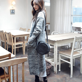 秋冬韩版新款女装韩版V领长袖针织开衫加厚显瘦中长款毛衣外套