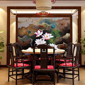 荷花油画东南亚风格壁纸中式墙纸酒店餐馆餐厅墙布客厅电视背景墙