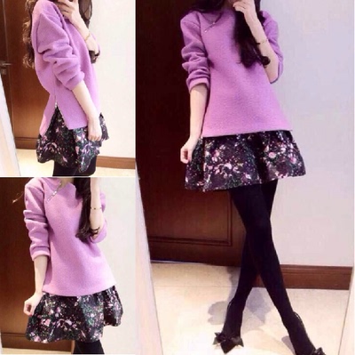 2015新款韩版秋冬大码紫色毛呢长袖上衣优质短裙套装连衣裙两件套