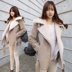 2015新款韩版修身大翻领中长款羊羔毛外套女加厚麂皮绒大衣