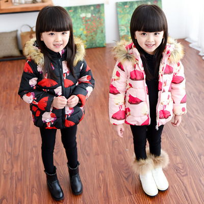 2015冬季新款韩版女童毛领外套时尚保暖卡通女孩加厚棉衣冬装棉服