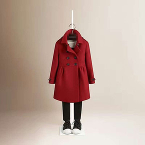 2016年欧美秋冬女童大衣新款红色羊毛呢子外套中大童大衣