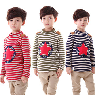 男童T恤衫2015冬款中小童儿童加绒打底衫韩版时尚条纹五角星保暖