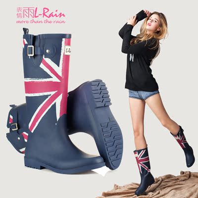 衷情雨L-Rain新款高筒英伦米字旗做旧经典橡胶女雨鞋/雨靴/水鞋
