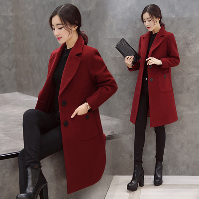 2016冬季新款大红色加厚呢子大衣女中长款韩国宽松茧型羊毛呢外套